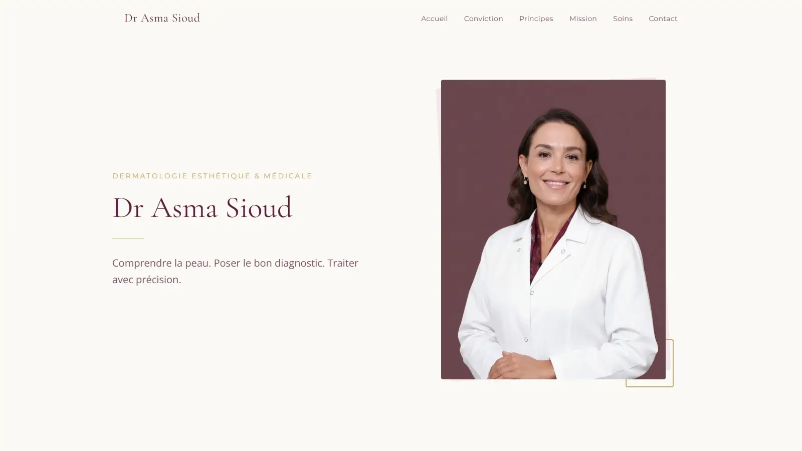 En-tête du site drasmasioud.com : portrait du Dr Asma Sioud en blouse, à côté de son nom.