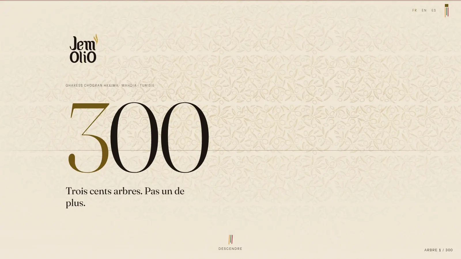 En-tête du site jemolio.com : le nombre 300 en très grand, sous-titré « Trois cents arbres. Pas un de plus. »